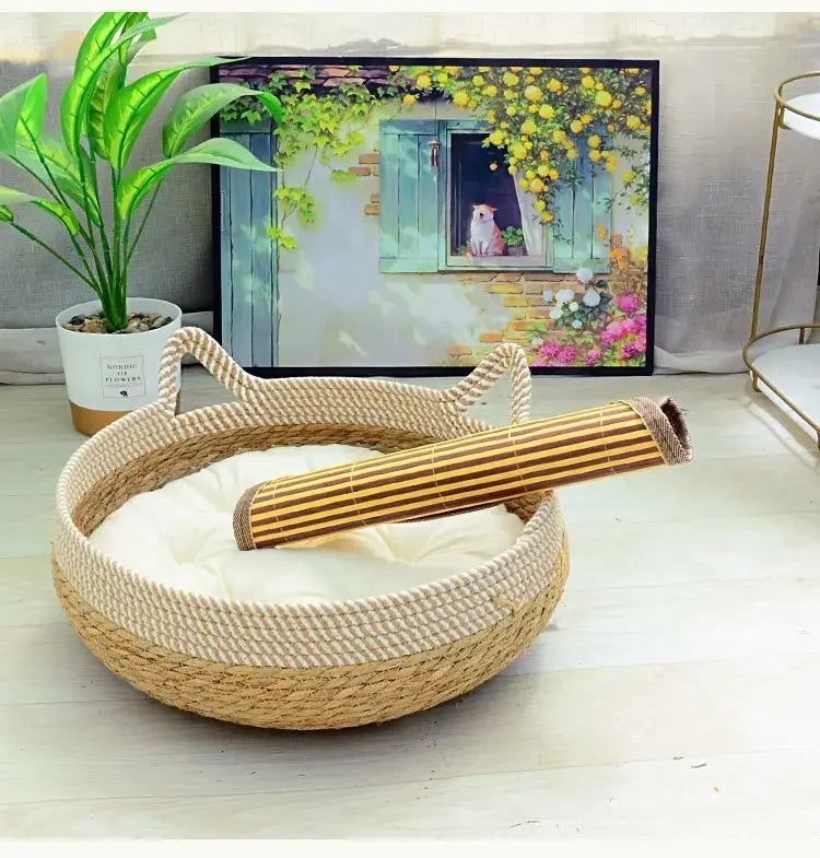 Cama de Verão para Gatos – Rattan Resistente e Estofado Removível