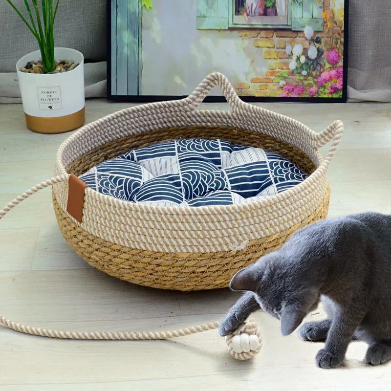 Cama de Verão para Gatos – Rattan Resistente e Estofado Removível