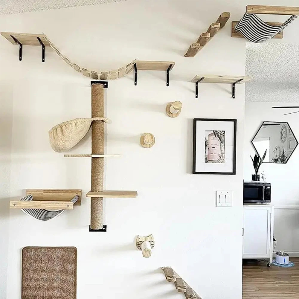 Escada de Parede 50cm para Gatos – Com Rede, Arranhador e Casinha