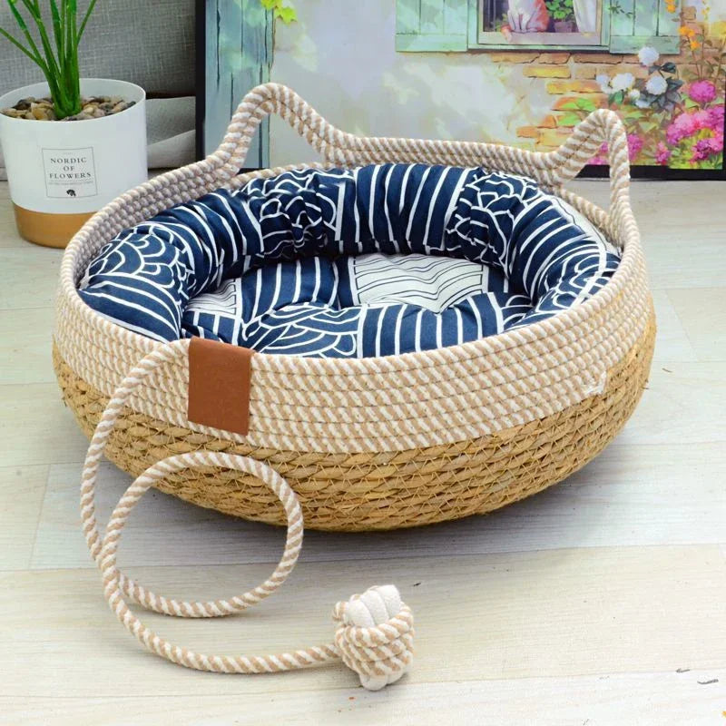 Cama de Verão para Gatos – Rattan Resistente e Estofado Removível