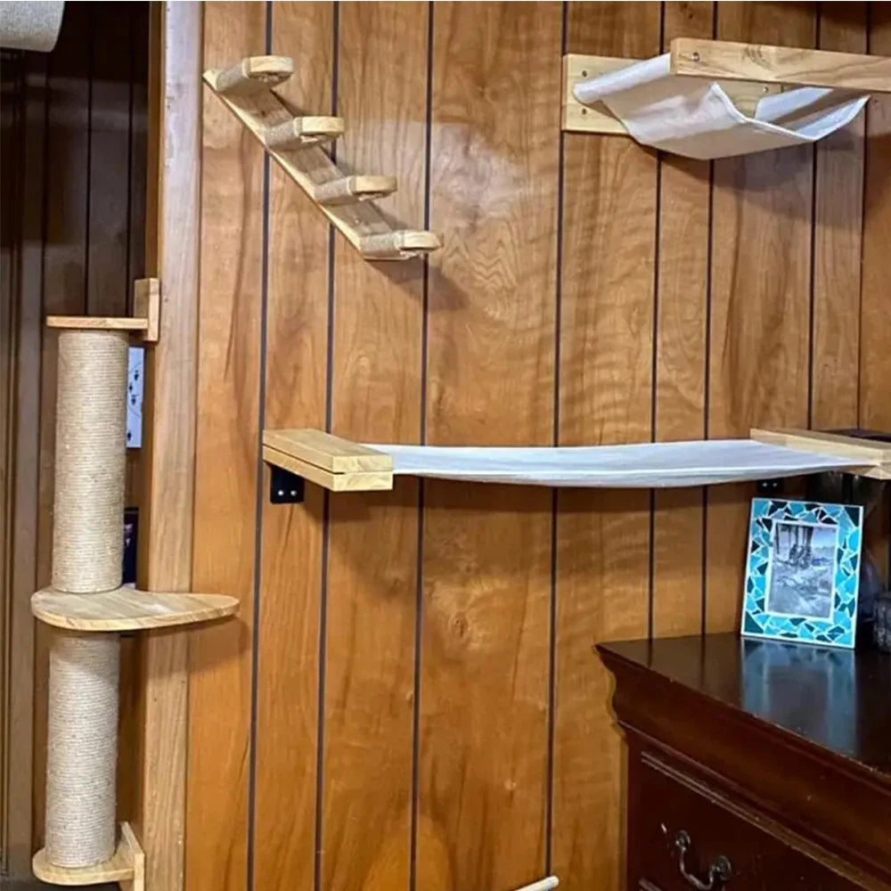 Escada de Parede 50cm para Gatos – Com Rede, Arranhador e Casinha