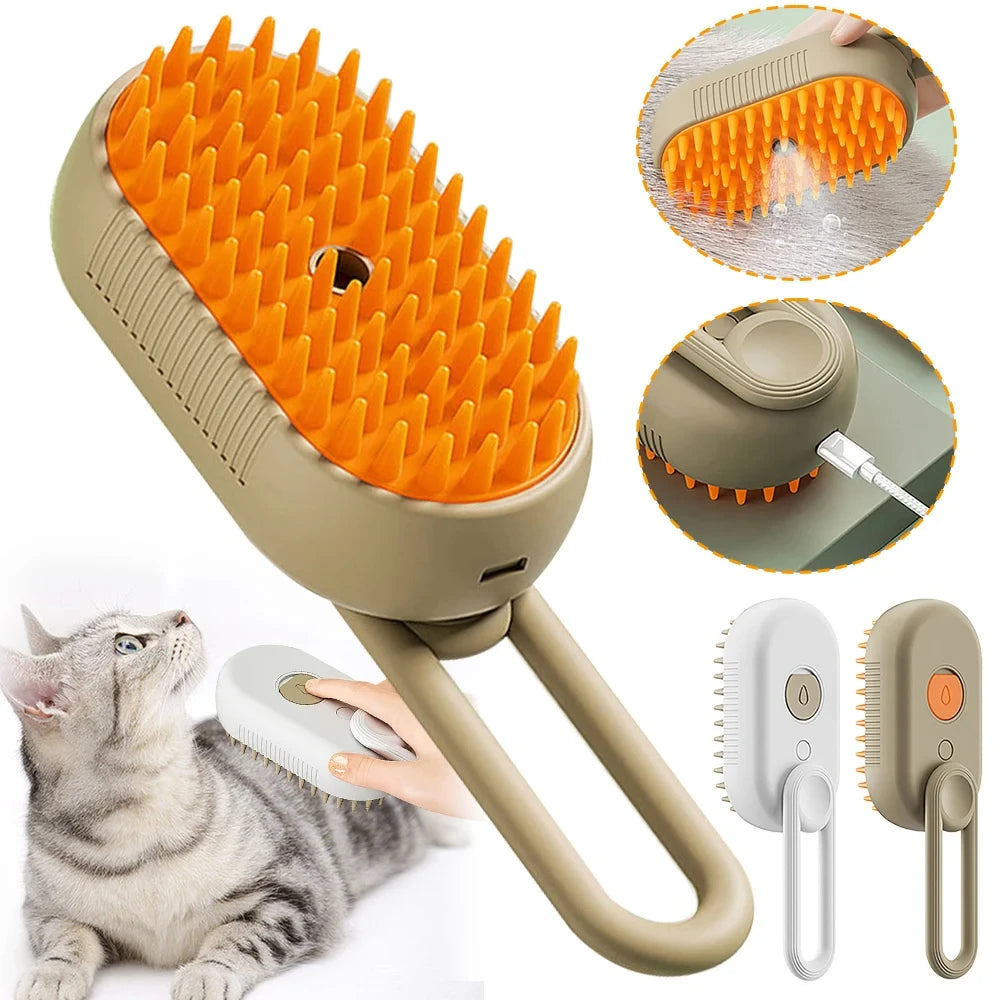 Escova a Vapor 3 em 1 para Gatos – Limpeza, Massagem e Remoção de Pelos
