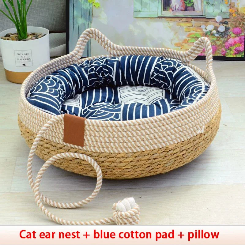 Cama de Verão para Gatos – Rattan Resistente e Estofado Removível