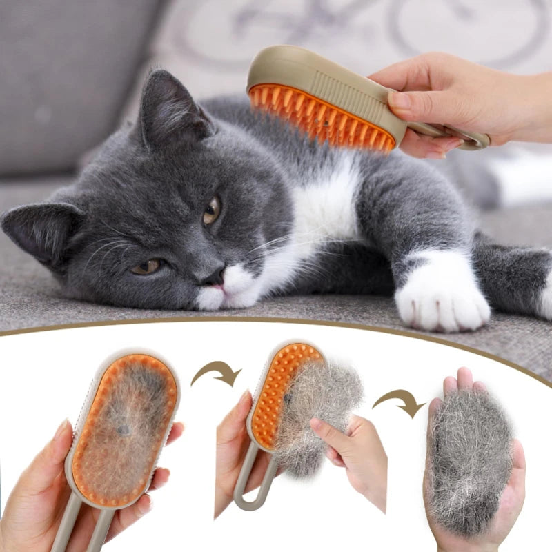 Escova a Vapor 3 em 1 para Gatos – Limpeza, Massagem e Remoção de Pelos